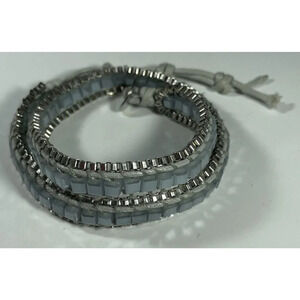 Katie Soleil Women Square Beaded‎ 3 Wrap Bracelet Grey Cord Opaque Blue Silver